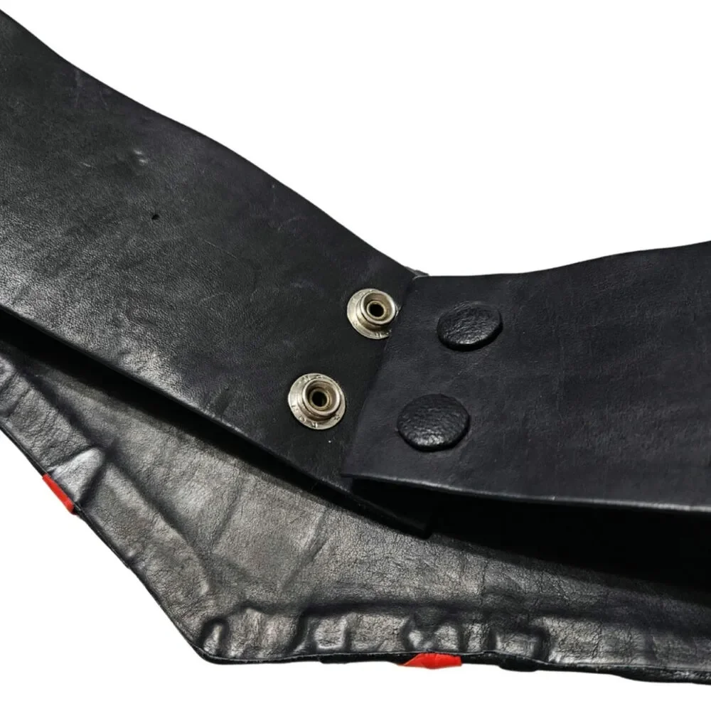 1980s Repoussage Leather Design in Black Red Cinching Belt Size Small